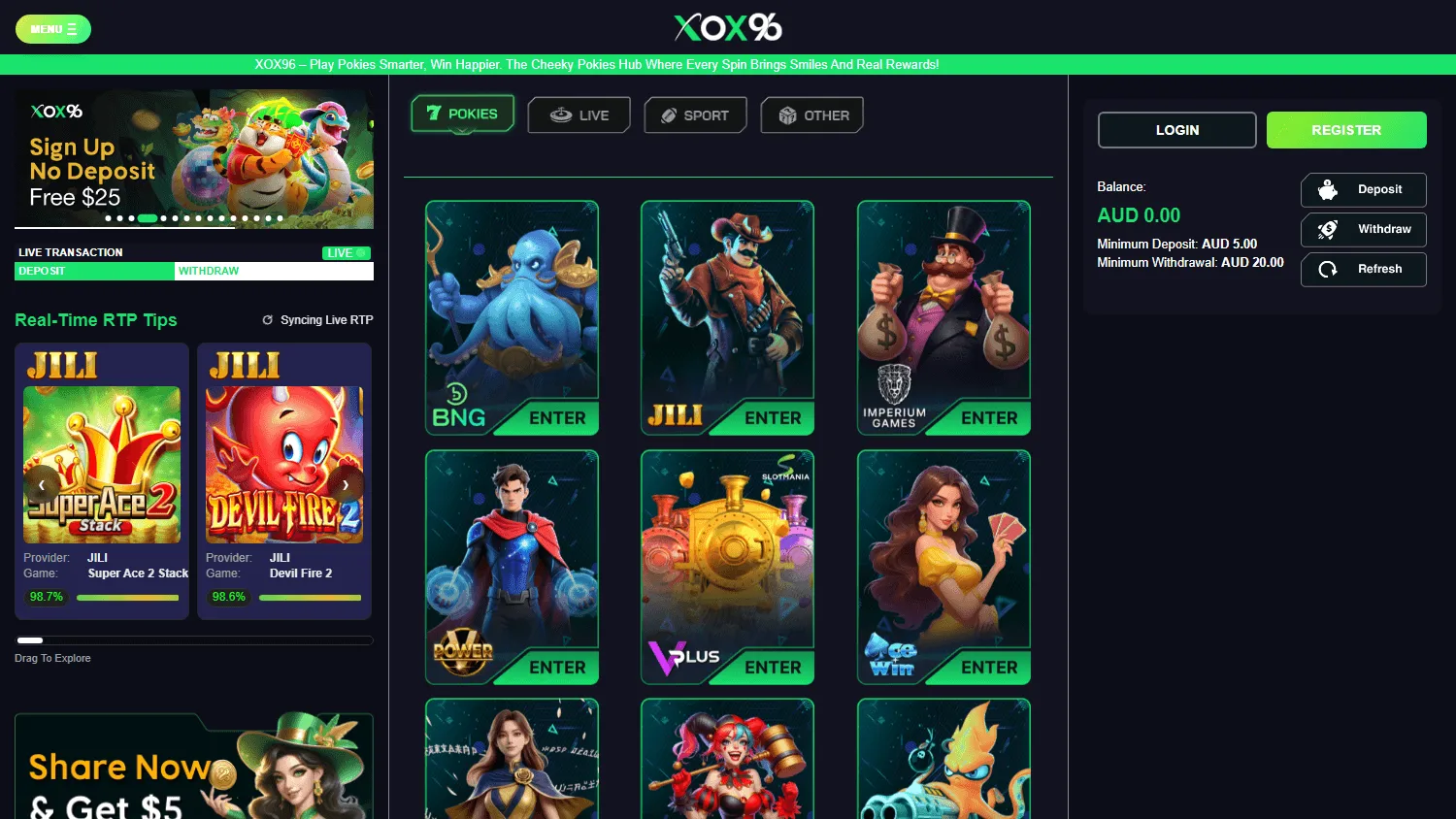 Xox96 Casino desktop home experience for Australian players