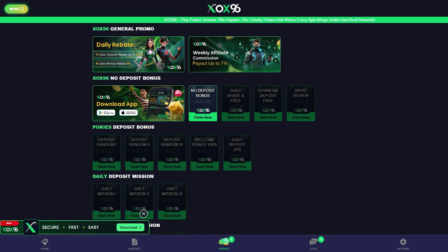 Xox96 Casino desktop promotions area with casino offers